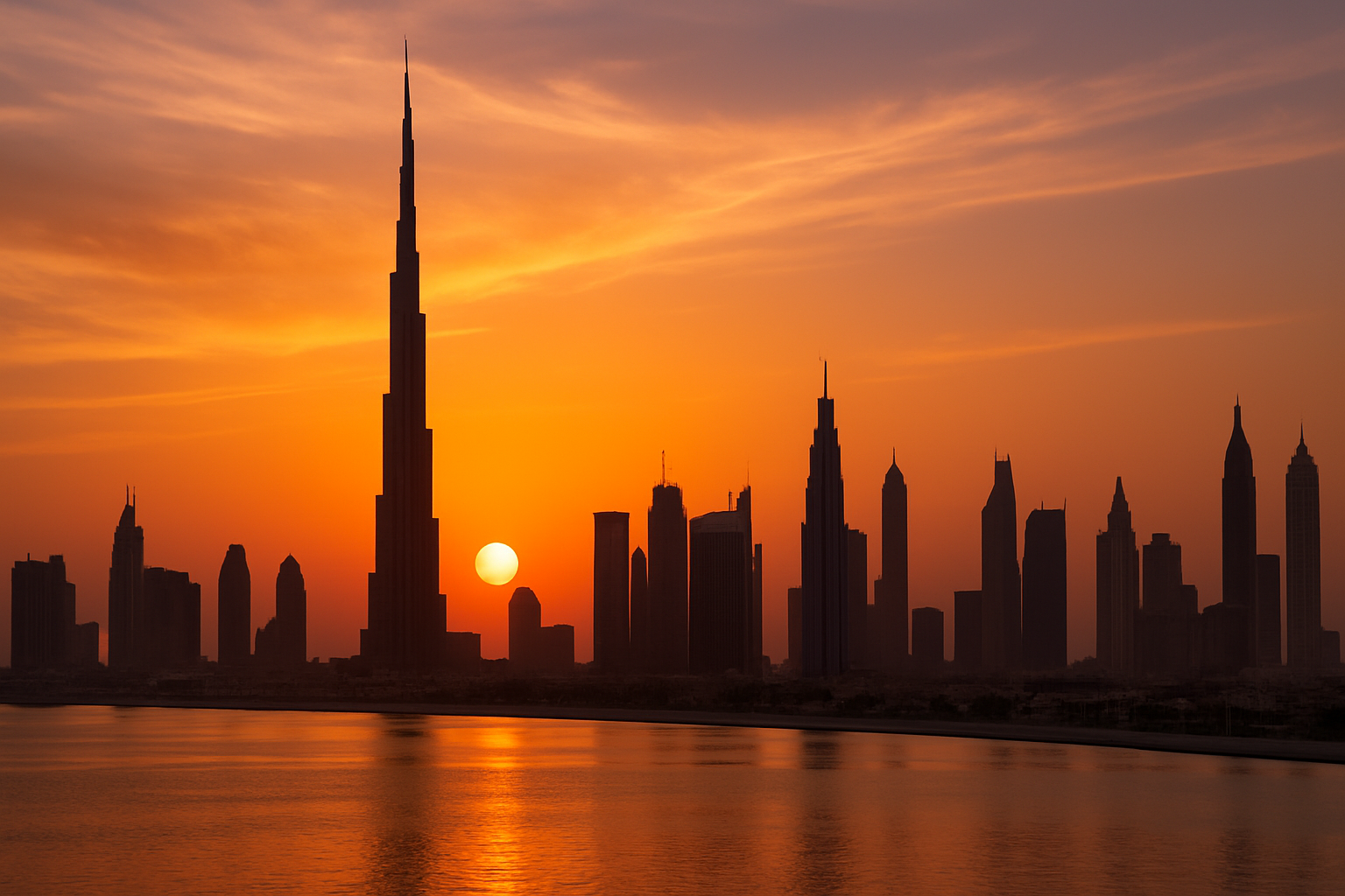 Dubai skyline with Burj Khalifa at sunset